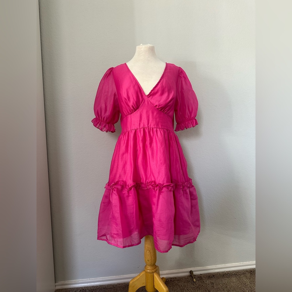 Plunging neck puff sleeve ruffle hem dress